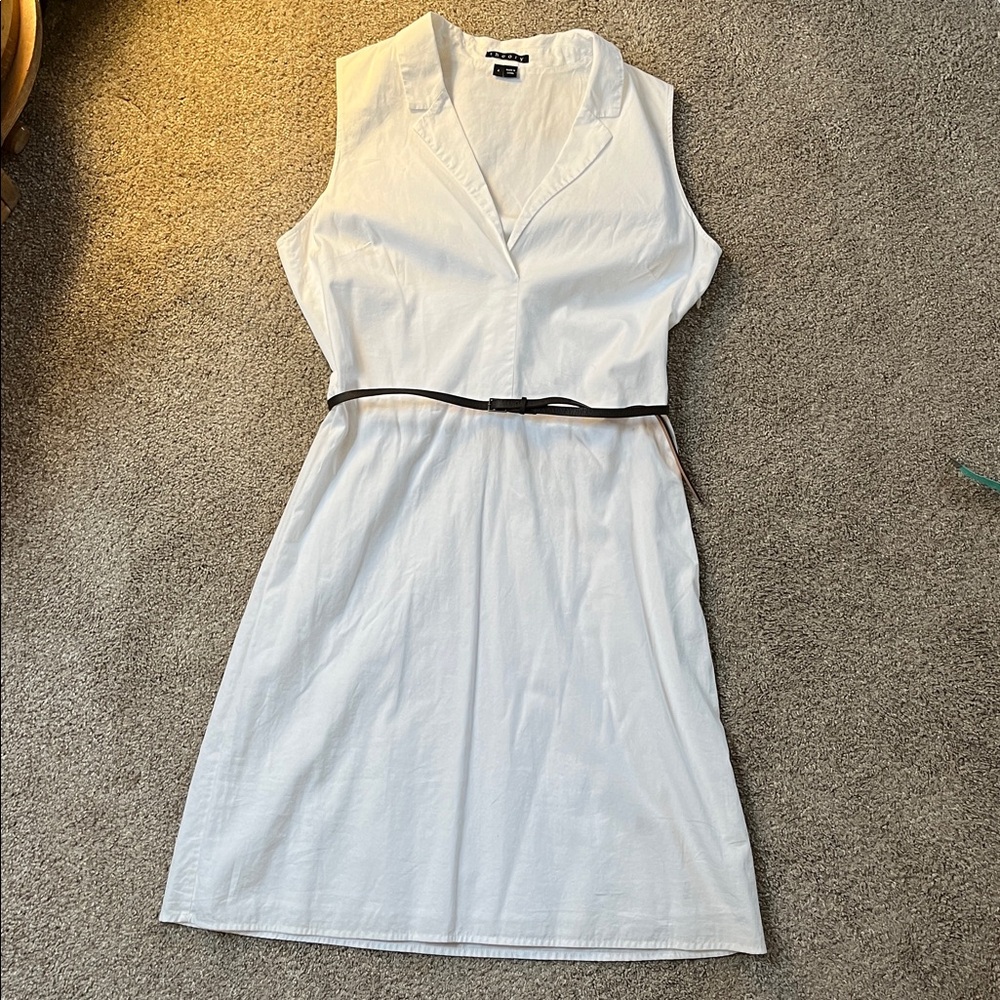 Theory white 100 % cotton dress sz4 dark brown original leather belt included